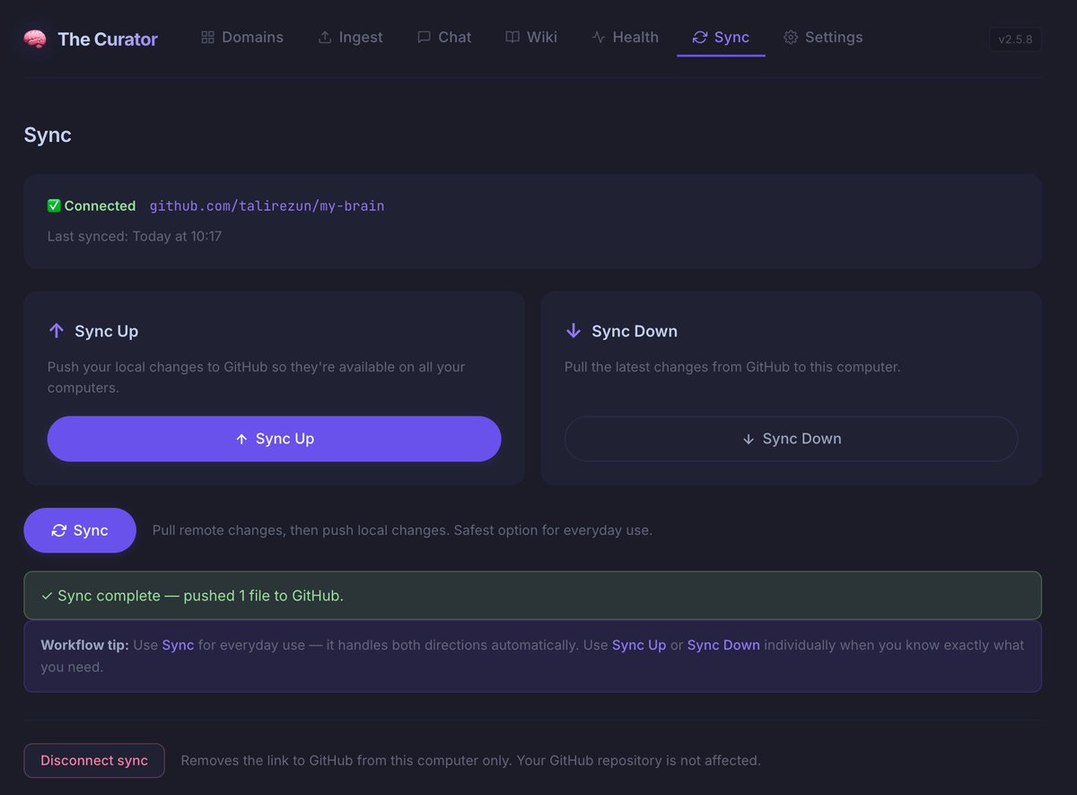 talirezun's tweet photo. @obsdmd users — there's now a free alternative for syncing your vaults and your second brains.

And it comes with something Obsidian Sync was never designed to offer.

I've been building #TheCurator — an open-source, AI-powered second brain that runs locally, speaks fluent markdown, and plugs directly into your Obsidian vault.

Here's what the full 𝗖𝘂𝗿𝗮𝘁𝗼𝗿 𝗳𝗿𝗮𝗺𝗲𝘄𝗼𝗿𝗸 gives you:

🧠 THE CURATOR APP
Drop in a PDF, article, or research document. The AI (Gemini, Claude, or a local Ollama model) doesn't just index it — it synthesises it into structured atomic wiki pages: entities, concepts, summaries. Every new document compounds into what's already there. Your knowledge graph grows denser with every ingest.

All output? Plain markdown files. Living in a folder. Fully readable in Obsidian — graph view, backlinks, everything.

🔄 FREE SYNC — ACROSS EVERY MACHINE
The Curator syncs your complete knowledge base through a private GitHub repository.

Compared to @obsdmd Sync ($48/yr):
✅ Free forever
✅ Unlimited version history via Git
✅ Up to 5 GB storage (free GitHub tier)
✅ Any number of collaborators — just share a PAT
✅ Syncs your wiki, conversations, and AI config together
✅ Full recovery — if you delete a page, Git has it

The trade-off: it's a manual push/pull rather than auto-background sync. A deliberate habit, not a limitation.

🤖 MY CURATOR MCP
This is where it gets interesting for 2026.

#TheCurator runs as an MCP server. Claude Desktop, Claude Code, or any frontier model can query your second brain directly — search across domains, retrieve full node content, and (in the upcoming v2.5.0 release) write compiled insights back into the wiki from a conversation.

Your knowledge base becomes a live, queryable context layer for AI — not a static folder.

#TheCurator doesn't replace Obsidian. It plugs into it.

You write your notes in Obsidian. The Curator compiles research, articles, and conversations into the same vault. The graph view connects everything. The MCP makes it accessible to your AI tools.

One ecosystem. Everything interoperable. Zero sync subscription.

→ https://t.co/D2zszXm8oC

Building your second brain in 2026 shouldn't cost a subscription. It should compound your thinking.

#SecondBrain #Obsidian #PKM #BuildInPublic #AI #KnowledgeManagement #MCP #OpenSource