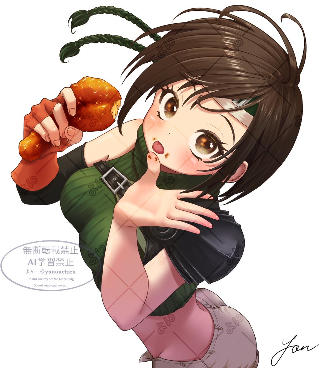 yuuuuchiru's tweet photo. AtoZ練習法(食べ物×FF)
F＝Fried Chicken🍗
「あげないけど〜？？」

＃AtoZ練習法　＃FF7 https://t.co/VQWArduORr