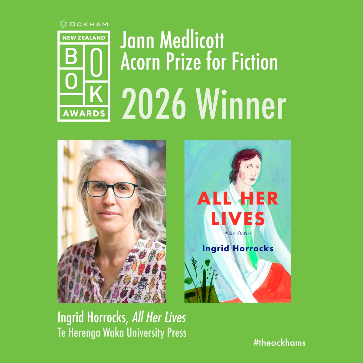 theockhams's tweet photo. Let's hear it for the Ockhams 2026 Jann Medlicott Acorn Prize for Fiction winner Ingrid Horrocks! @thwupbooks @ingridhorrocks #theockhams https://t.co/sOgFhqmbbE