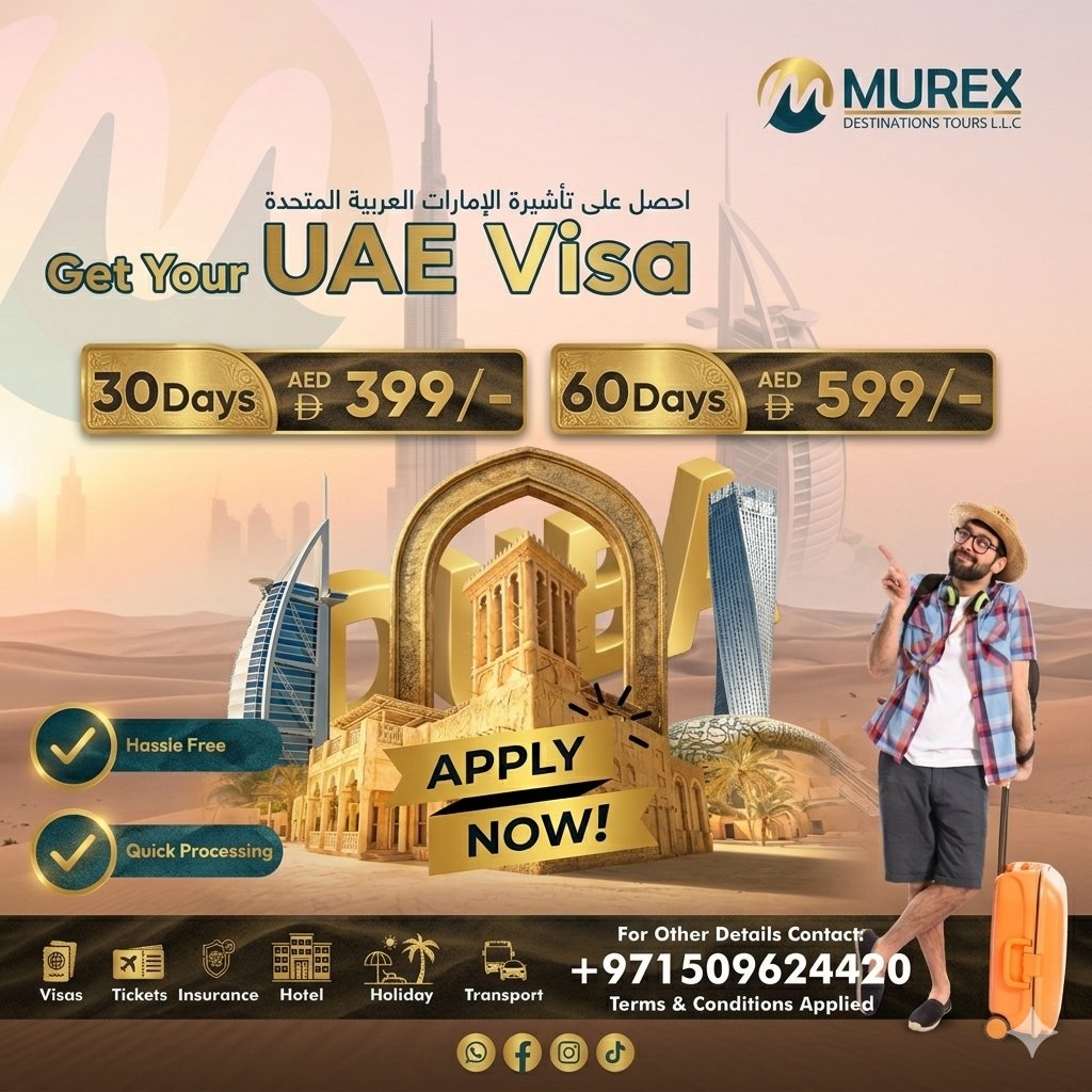 murextours's tweet photo. Get your UAE VISA quickly and hassle-free with Murex.  
Available for all nationalities, our expert team guides you through the fast process. 
Contact +971 5 0962 4420 or info@murex.ae to apply now! #UAEVisa #MurexServices https://t.co/pM3RO8Jc9n