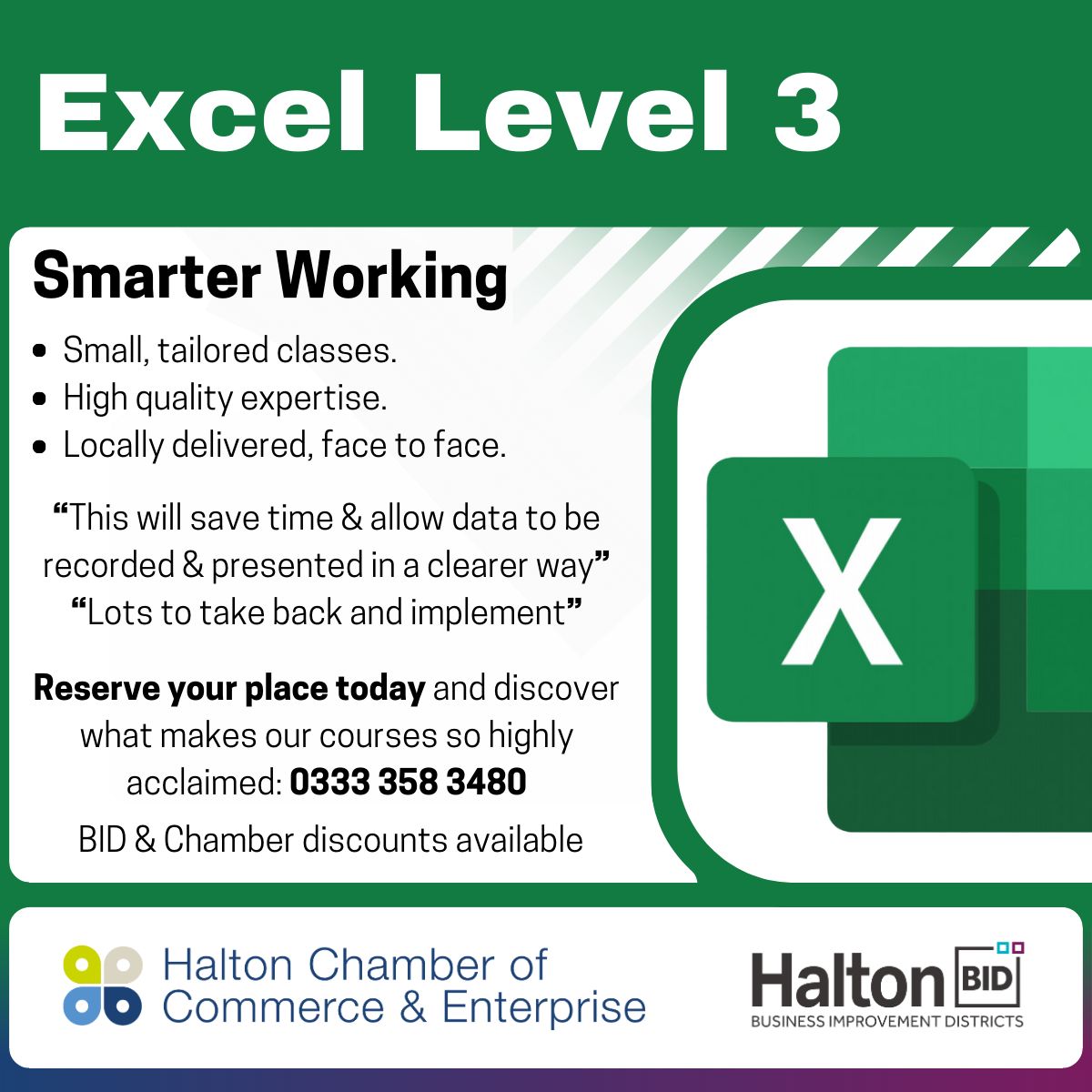HaltonChamber's tweet photo. Master your Excel knowledge! Enhance your Excel skills with advanced techniques like PivotTables, string functions, templates, and data validation.

📅 9th June 2026 @ 9:30

📌 7th Floor Municipal Building, Kingsway, Widnes, WA8 7QF

Booking details below ⬇️ https://t.co/molQKbvQkU
