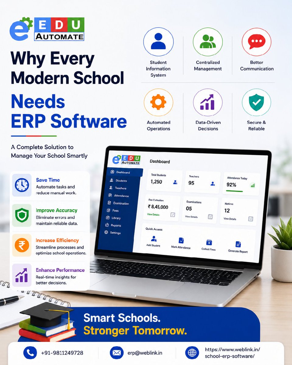 EDUAutomate's tweet photo. 🌟 Why Every Modern School Needs ERP Software! 🌟

Transform your school operations with our all-in-one ERP solution! From student management to fee  
 Website : https://t.co/m4Wo1wE5Kr
#SmartSchools #ERPSoftware #SchoolManagement #EducationTech #AutomatedSchool #ModernSchools https://t.co/WgOk4M0Y4o
