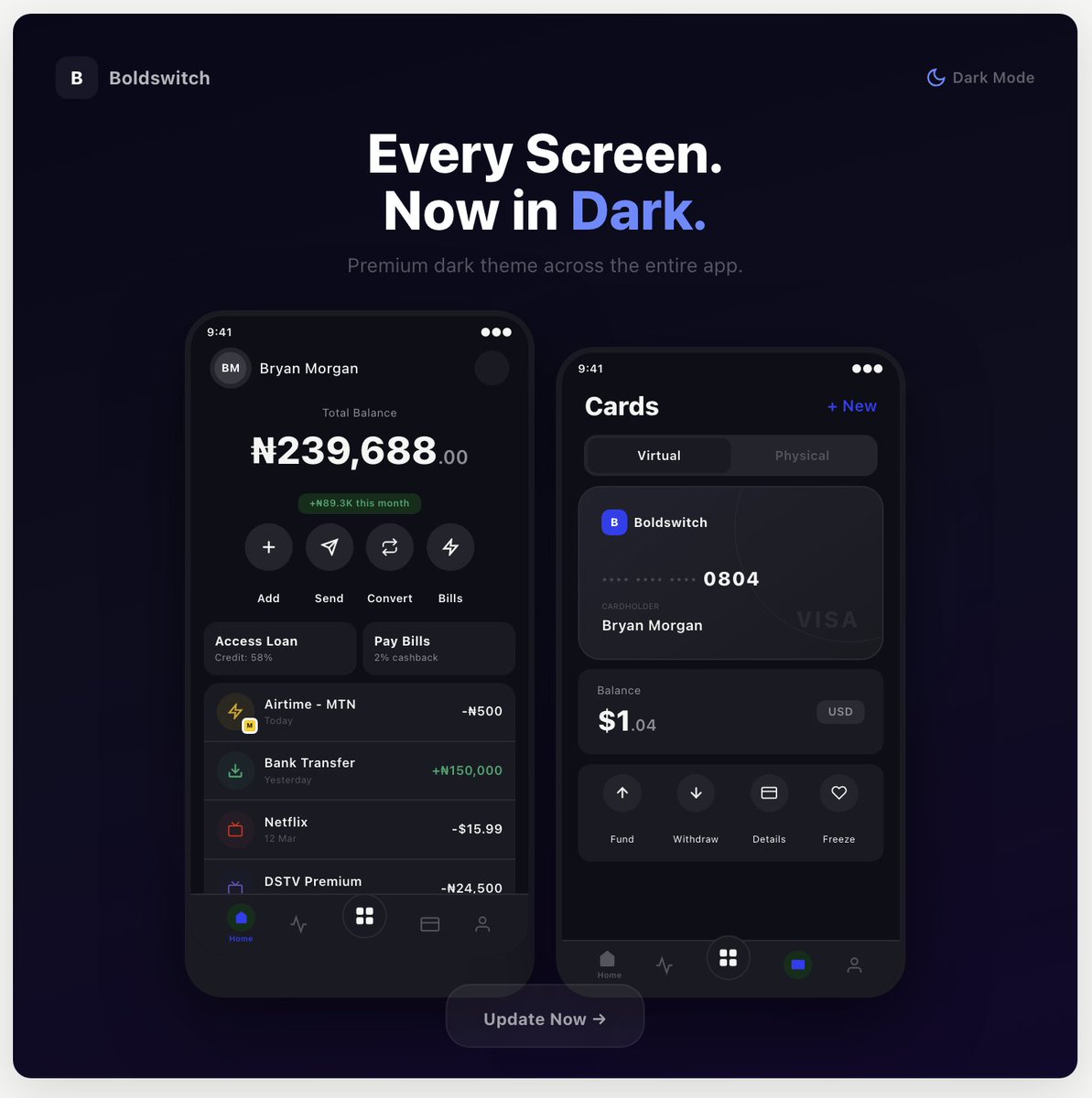 boldswitch_pay's tweet photo. Switch to Dark mode!
Did you know you can now use the Boldswitch app in dark mode? Switch now to match your phone settings and enjoy the new aesthetic.

Download or update the Boldswitch app today. Click the link in bio to get started.
#Newlook #Darkmode #Boldswitchdarkmode #Aesthetics #Fintech
