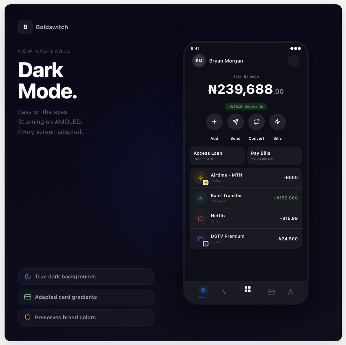 boldswitch_pay's tweet photo. Switch to Dark mode!
Did you know you can now use the Boldswitch app in dark mode? Switch now to match your phone settings and enjoy the new aesthetic.

Download or update the Boldswitch app today. Click the link in bio to get started.
#Newlook #Darkmode #Boldswitchdarkmode #Aesthetics #Fintech
