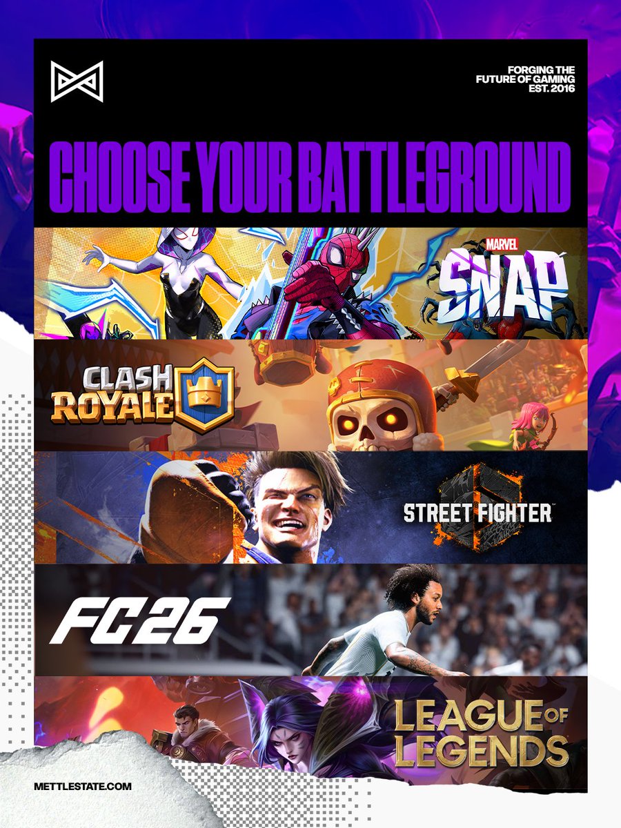 Mettlestate's tweet photo. Your battleground awaits!

Pick your battleground. 🎮

Who are you challenging?

Challenge your rivals here: https://t.co/fjjZSoFffQ

#MarvelSnap #ClashRoyale #StreetFighter #FC26 #LoL https://t.co/jmtoKqTwpM