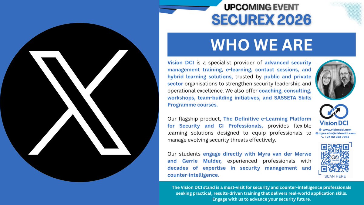 VisionDCI's tweet photo. 📅 

Find out more at https://t.co/pE2to7F5WY 🌐

#VisionDCI #SecurityManagers #SouthAfrica #Government #Managers #Education #Security #Intelligence #eLearning #Training #Courses #Services #SkillsProgrammes #SASSETA #PSIRA https://t.co/LxVmEg5KND