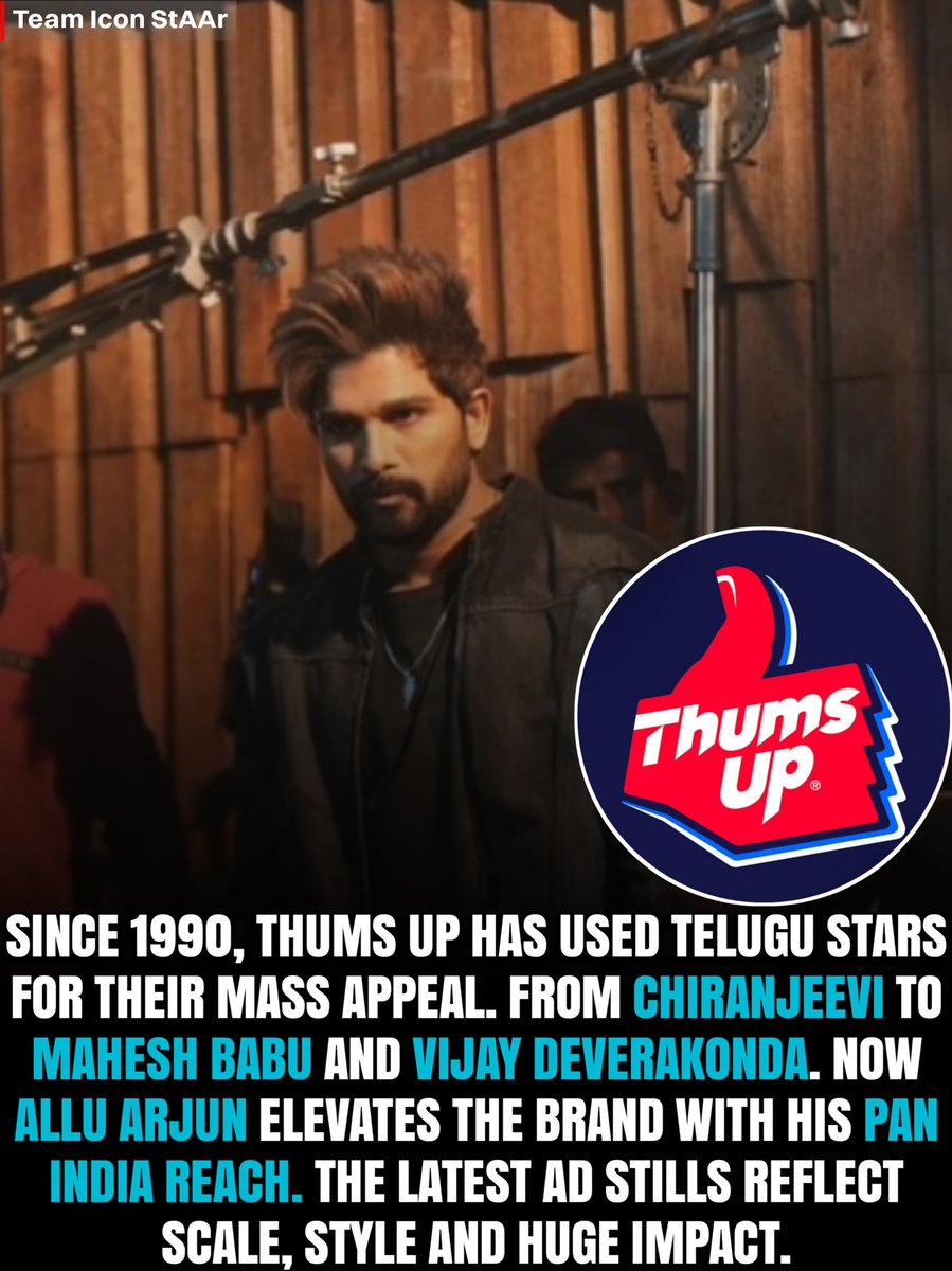 teamiconstarAA's tweet photo. From mass Telugu icons to a full pan-India face 👀🔥
Thums Up always picked stars with strong screen presence… and now Allu Arjun takes that reach to another level 💥
#alluarjun #iconstaralluarjun #thumsup #chiranjeevi #maheshbabu https://t.co/jfJmArJXhQ