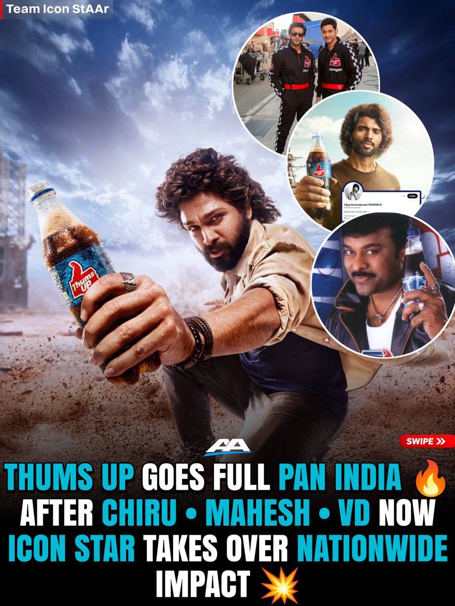 teamiconstarAA's tweet photo. From mass Telugu icons to a full pan-India face 👀🔥
Thums Up always picked stars with strong screen presence… and now Allu Arjun takes that reach to another level 💥
#alluarjun #iconstaralluarjun #thumsup #chiranjeevi #maheshbabu https://t.co/jfJmArJXhQ