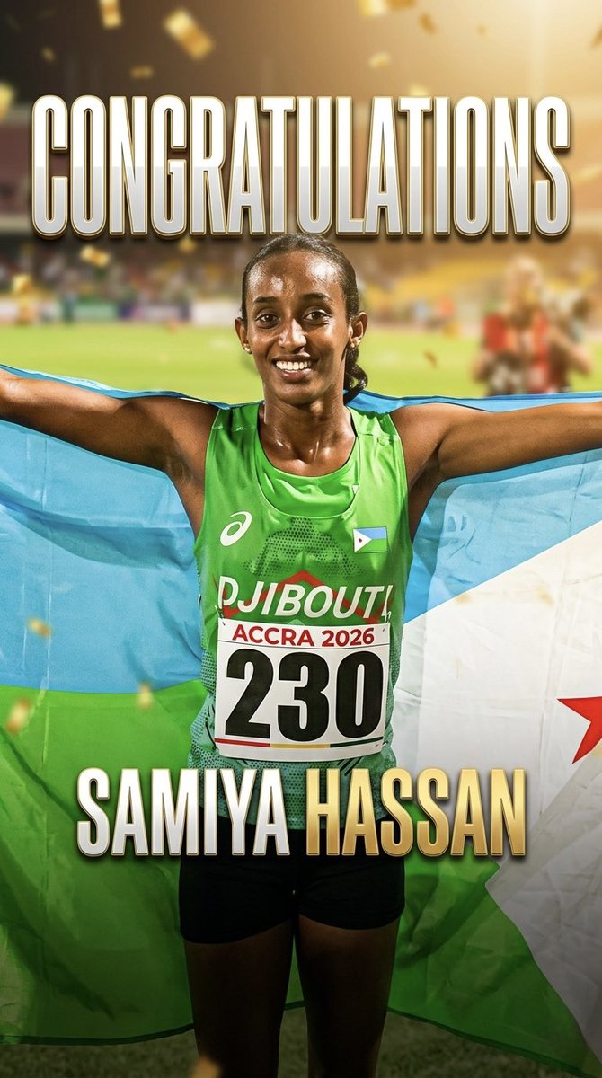 IamElmidon's tweet photo. Une victoire historique gravée à Accra 2026. Le travail et la détermination portent toujours leurs fruits. 🏃‍♀️
Félicitations pour ce moment de fierté nationale ! 👏🏽👏🏽
#SamiyaHassan #Djibouti #Accra2026 #Athletisme #Fierté #Championne https://t.co/J4g3531ezJ