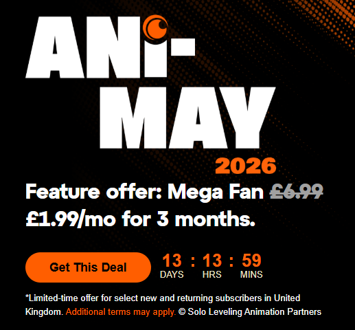 IGNUKDeals's tweet photo. ICYMI: Crunchyroll streaming deals for Ani-May are available until May 21, 2026, in the UK

Fan, £1.49 for 3 Months (was £5.99) 
Mega Fan, £1.99 for 3 Months (was £6.99)

See here: https://t.co/CJMvQjDCUE #ad https://t.co/aN7D8PsDi3