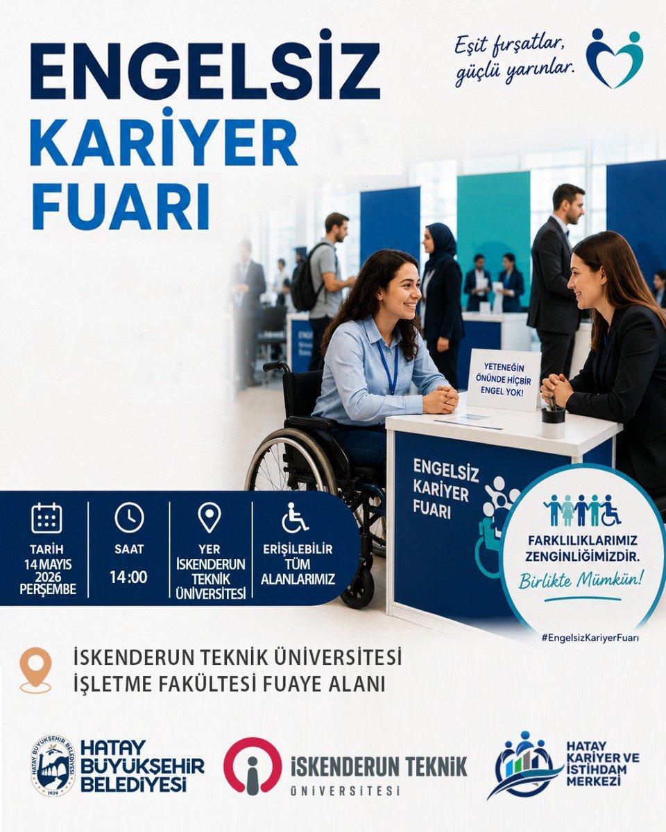 HatayBSB's tweet photo. Engelsiz Kariyer Fuarı’nda Buluşuyoruz

Engelliler Haftası kapsamında; eşit fırsatlar ve engelsiz bir kariyer yolculuğu için bir araya geliyoruz.

🗓️ 14 Mayıs  Perşembe  ⏰ 14.00
📍 İskenderun Teknik Üniversitesi İşletme Fakültesi Fuaye Alanı

Tüm vatandaşlarımızı bekliyoruz. https://t.co/M7lDFlmAL7