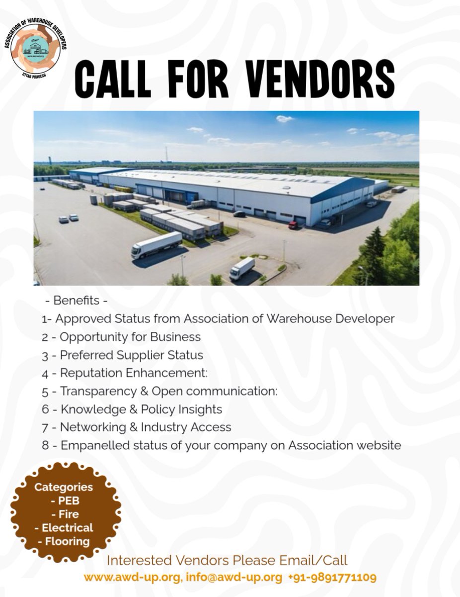 AWD_UP's tweet photo. Call for Vendors |
We are pleased to invite reputed and experienced vendors to be a part of our growing ecosystem at the Association of Warehouse Developers (AWD) in below categories
🔹 PEB (Pre-Engineered Buildings)
🔹 Fire Systems
🔹 Electrical
🔹 Flooring https://t.co/X9quM282Kr