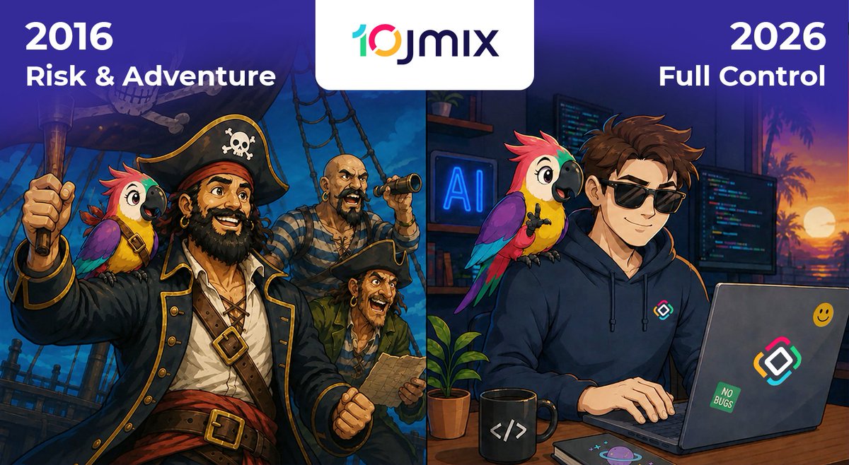 JmixPlatform's tweet photo. 10 years of Jmix!  🎉 

2016. Back then, launching an application meant having a fully staffed development team, endless discussions, a couple of philosophical wars over library choices, and a strong sense of adventure. 

2026. Today, things look very different: one expert, an ecosystem of tools, and AI assistants that understand the project structure and help write code in the context of the application architecture. 
 
Interfaces are built faster. 
Standard functionality no longer needs to be reinvented from scratch. And modern GPUs working with AI get so hot that you could probably warm up your coffee on them. 

So, yes — things have become easier. But one important thing hasn’t changed over these 10 years: complexity never disappeared. It simply changed its form. 

That’s why Jmix in 2026 is about: 

👍 built-in support for AI agents; 
👍 continuous AI assistant support through the help desk; 
👍 predictable architecture; 
👍 full control over code; 
👍 and a library of ready-to-use business components. 

And most importantly — it’s about delivering real business value. 

This year, Jmix turns 10. 🎉 

Instead of making just one anniversary post, we decided to launch a series of exclusive stories from the Jmix team, partners, and customers about the most interesting things that happened throughout this decade. 

Let’s go. 🚀