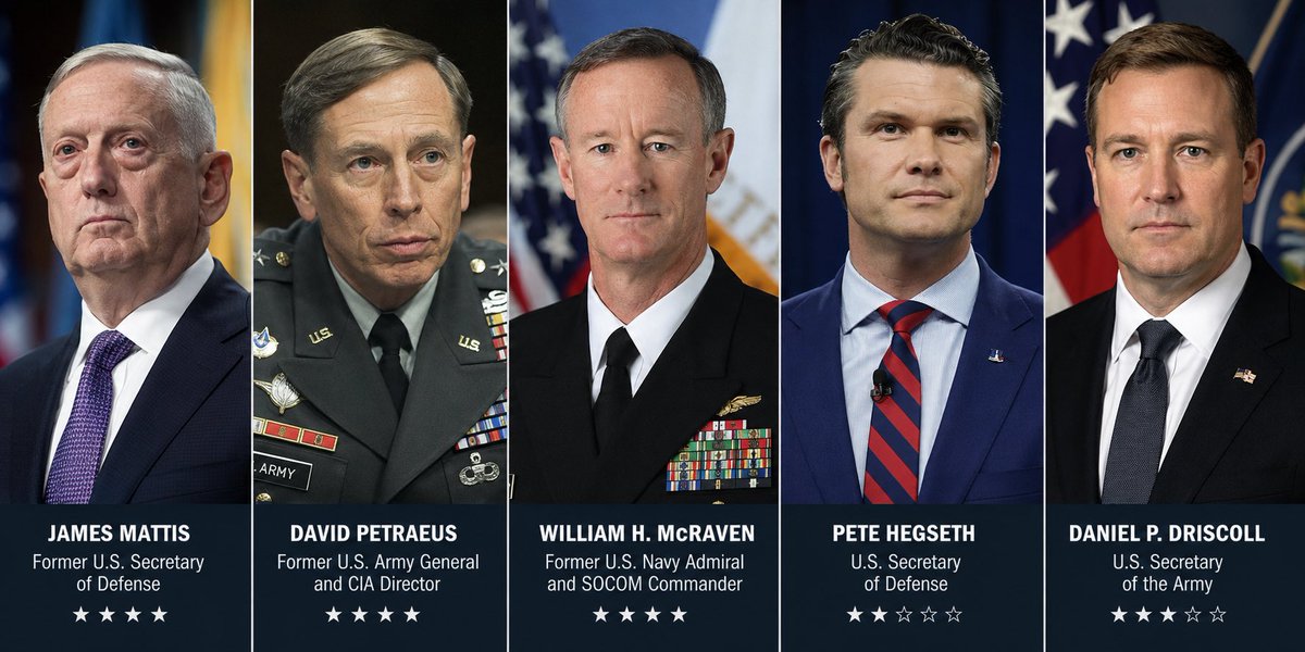 iqtxboy's tweet photo. Experience matters.

James Mattis — 9.5/10
A legendary battlefield commander respected across the entire military.

David Petraeus — 9/10
One of the greatest strategic military minds of the modern era.

William H. McRaven — 9/10
The man behind America’s most elite special operations, including Bin Laden raid.

Pete Hegseth — 4/10
More media and politics than high-level military leadership.

Daniel P. Driscoll — 6/10
Smart and modern-minded, but nowhere near the experience level of historic military leaders.