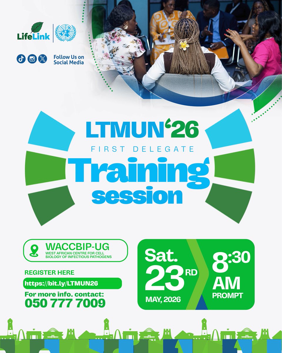 LifeLinkGhana's tweet photo. The road to LTMUN ‘26 officially kicks off with our First Training Session! Whether you’re a seasoned debater or novice stepping into the world of diplomacy this session is for you. ITS FREE👌
📍 Venue: WACCBIP-UG
🗓️ Date: Saturday, 23rd May 2026
🕘 Time: 8:30 AM Prompt https://t.co/6E74uRydc7