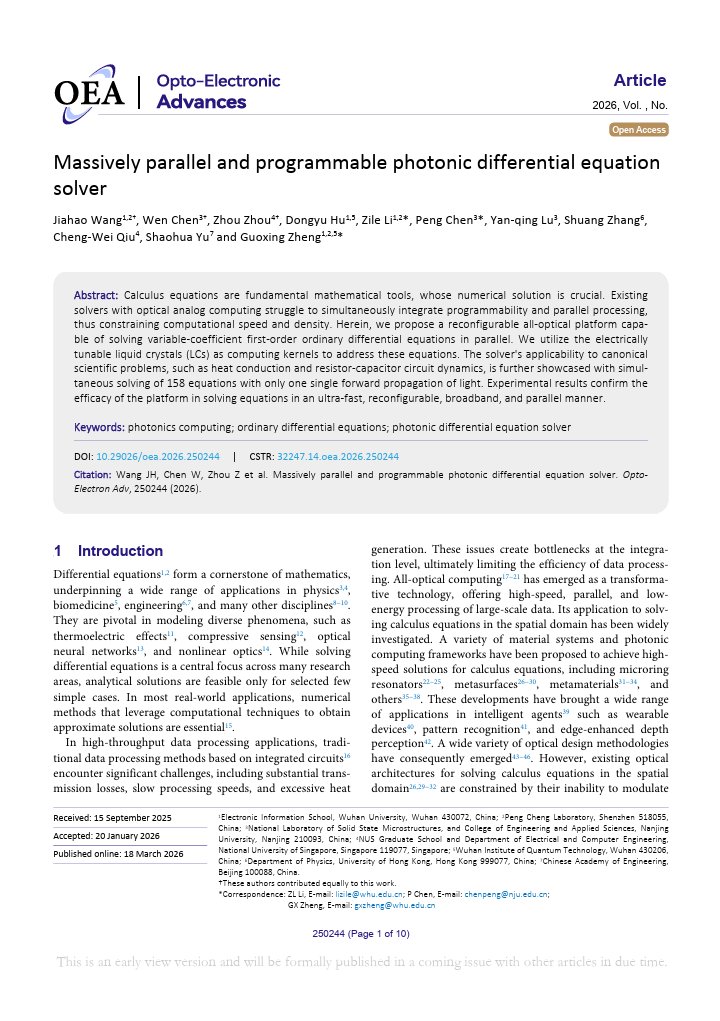 OptoElectronAdv's tweet photo. #OEA_highlight Massively parallel and programmable photonic differential equation solver https://t.co/0e5GrHOAzP by Prof. #Guoxing_Zheng @WHU_1893 #photonics #computing #differential_equation #differential_equation_solver https://t.co/A7GAhpiEgt