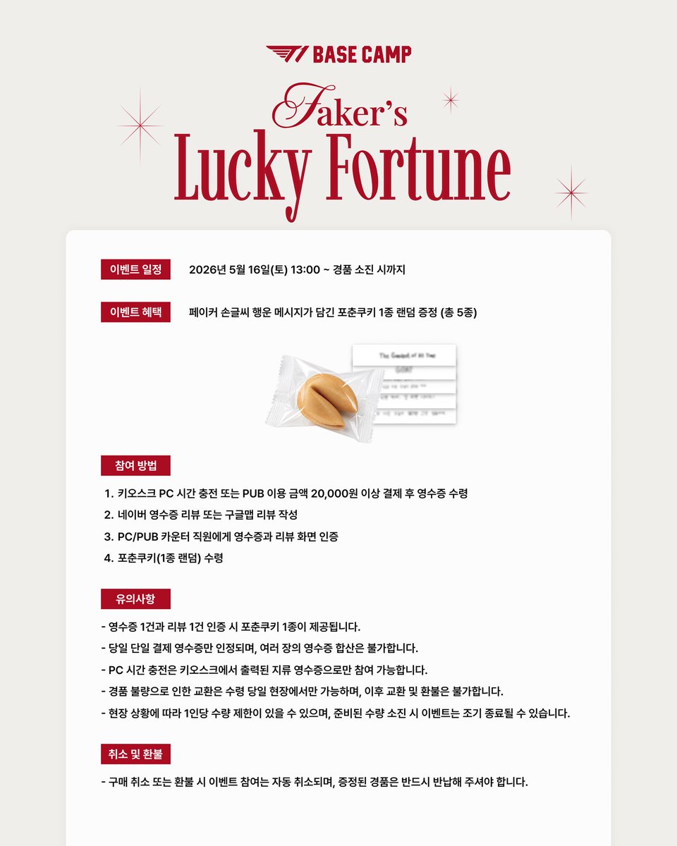 t1basecamp's tweet photo. Faker‘s Lucky Fortune💌
페이커가 직접쓴 행운 메시지가 담긴 포춘쿠키를 만나보세요.🥠
T1 베이스캠프 부산에서 PC 이용하고, 맛있는 PUB 메뉴 즐기고, 리뷰만 남기면 참여 완료!
페이커의 기운을 담은 특별한 행운을 확인해 보세요. ✨

[이벤트 안내]
🗓 일정 : 2026년 5월 16일(토) 13:00 ~ 경품 소진 시까지
📍 장소 : T1 BASE CAMP BUSAN
🎁 혜택 : Faker가 직접쓴 행운 메시지가 담긴 포춘쿠키 1종 랜덤 증정 (총 5종)
[참여 방법]
1️⃣ 키오스크 PC 시간 충전 또는 PUB 이용 금액 20,000원 이상 결제 후 영수증 수령
2️⃣ 네이버 영수증 리뷰 또는 구글맵 리뷰 작성
3️⃣ PC/PUB 카운터 직원에게 영수증과 리뷰 화면 인증
4️⃣ 포춘쿠키(1종 랜덤) 수령
자세한 내용은 이미지 게시물을 참고해 주세요.

Faker‘s Lucky Fortune💌
Discover fortune cookies featuring lucky messages handwritten by Faker 🥠
Use the PC cafe, enjoy the delicious PUB menu at T1 Base Camp Busan, and simply leave a review to complete your participation! Check out the special luck infused with Faker‘s energy. ✨

[Event Information]
🗓 Schedule : Saturday, May 16, 2026, 13:00 ~ Until supplies last
📍 Location : T1 BASE CAMP BUSAN
🎁 Reward : Receive 1 random fortune cookie with a lucky message handwritten by Faker (5 types in total)
[How to Participate]
1️⃣ Spend KRW 20,000 or more on PC time via kiosk or at the PUB and receive a receipt.
2️⃣ Leave a Naver Receipt Review or a Google Maps Review.
3️⃣ Present your receipt and review screen to the PC/PUB counter staff for verification.
4️⃣ Receive your random fortune cookie!
Please refer to the image post for more details.

#T1BASECAMPBUSAN #T1BASECAMP #faker #ToBeContinued #T1