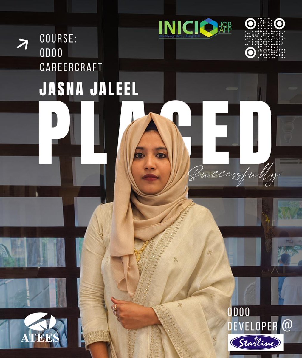 inicioJobs's tweet photo. 🎯 Another milestone unlocked!
Jasna Binth Jaleel has successfully started her professional journey as an Odoo Developer at Starline. 
Build industry-ready skills with ATEES GLOBAL and step confidently into your dream career.

📞+91 8589008025
🌐ATEES

#JobAssuredCourse #ITJobs https://t.co/LoAX2Cnof5