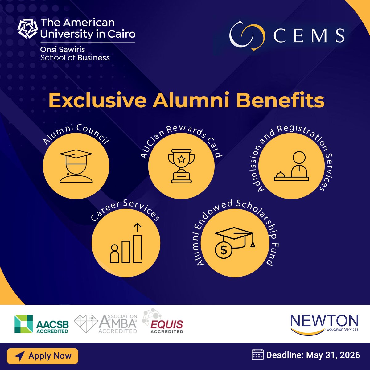 NewtonTestPrep's tweet photo. 🌟 Your connection to Onsi Sawiris School of Business at the American University in Cairo and CEMS doesn't end at graduation, it evolves into a lifelong advantage.

🔗 Apply now: https://t.co/rldsDiGM12

📅  Application deadline: May 31, 2026

@AUC_Business https://t.co/ZXjgonMj5e