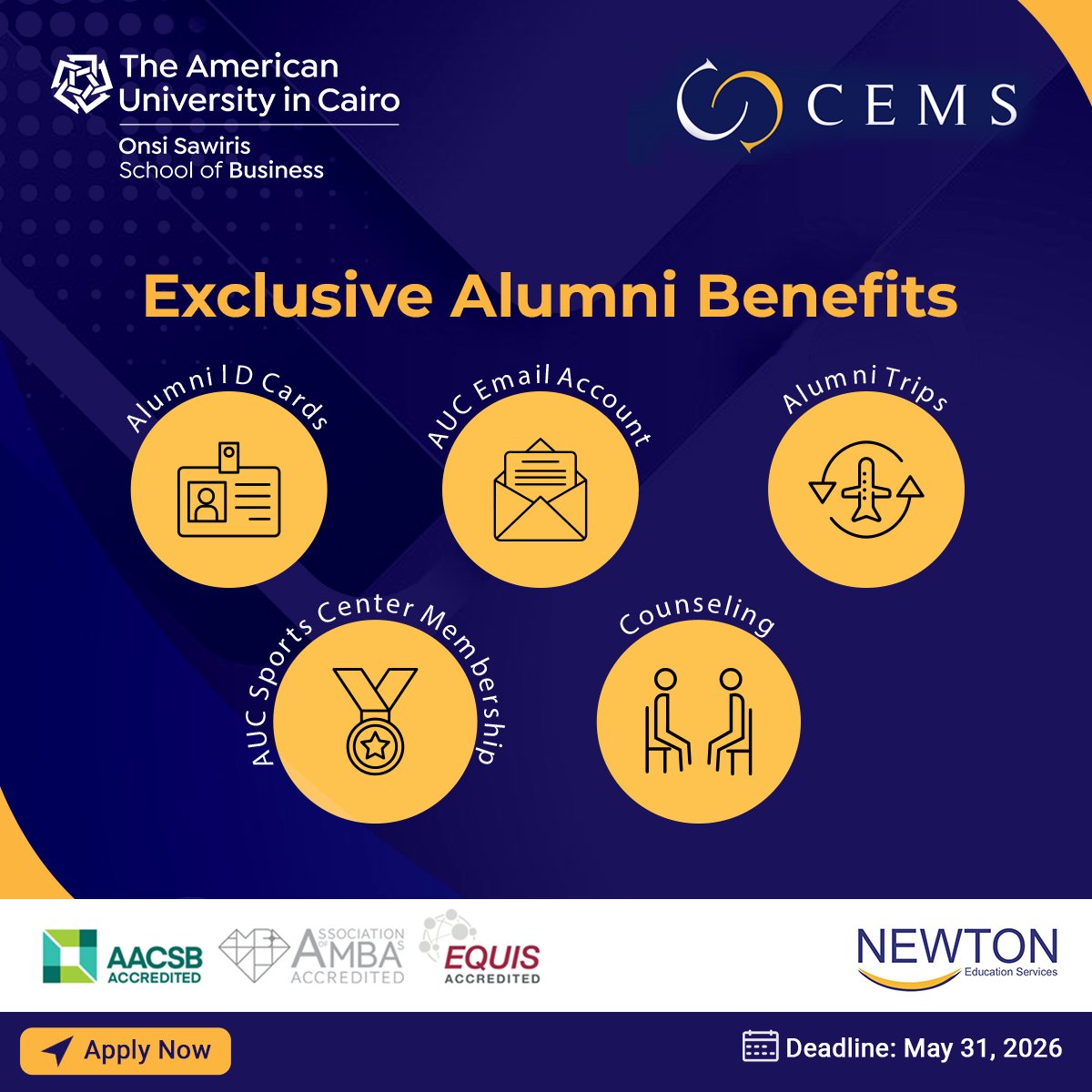 NewtonTestPrep's tweet photo. 🌟 Your connection to Onsi Sawiris School of Business at the American University in Cairo and CEMS doesn't end at graduation, it evolves into a lifelong advantage.

🔗 Apply now: https://t.co/rldsDiGM12

📅  Application deadline: May 31, 2026

@AUC_Business https://t.co/ZXjgonMj5e