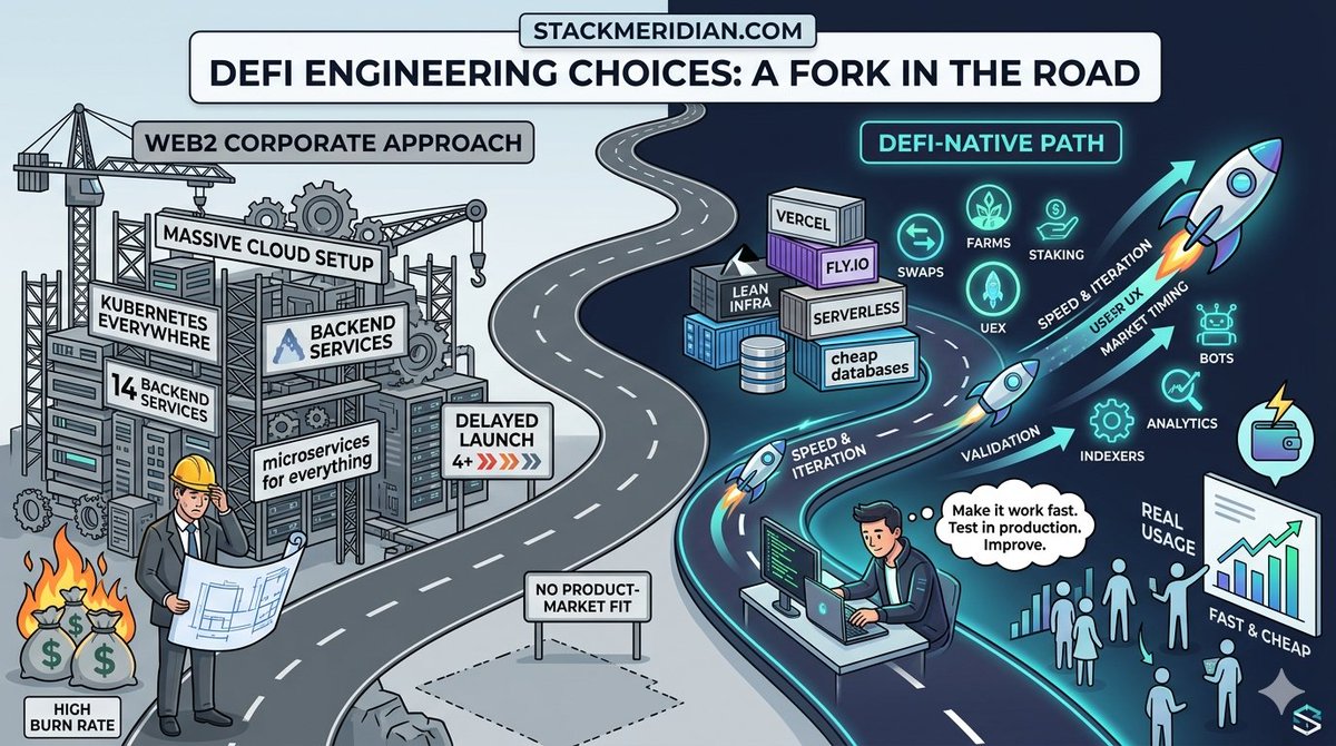 CryptoMichaael's tweet photo. Most Web2/corporate engineers entering DeFi try to build apps like they’re preparing infrastructure for a Fortune 500 bank.

Result

massive cloud setups
Kubernetes everywhere
14 backend services
endless “best practices”
huge burn rate
delayed launch for a product with no PMF yet https://t.co/LOSxadxfqy
