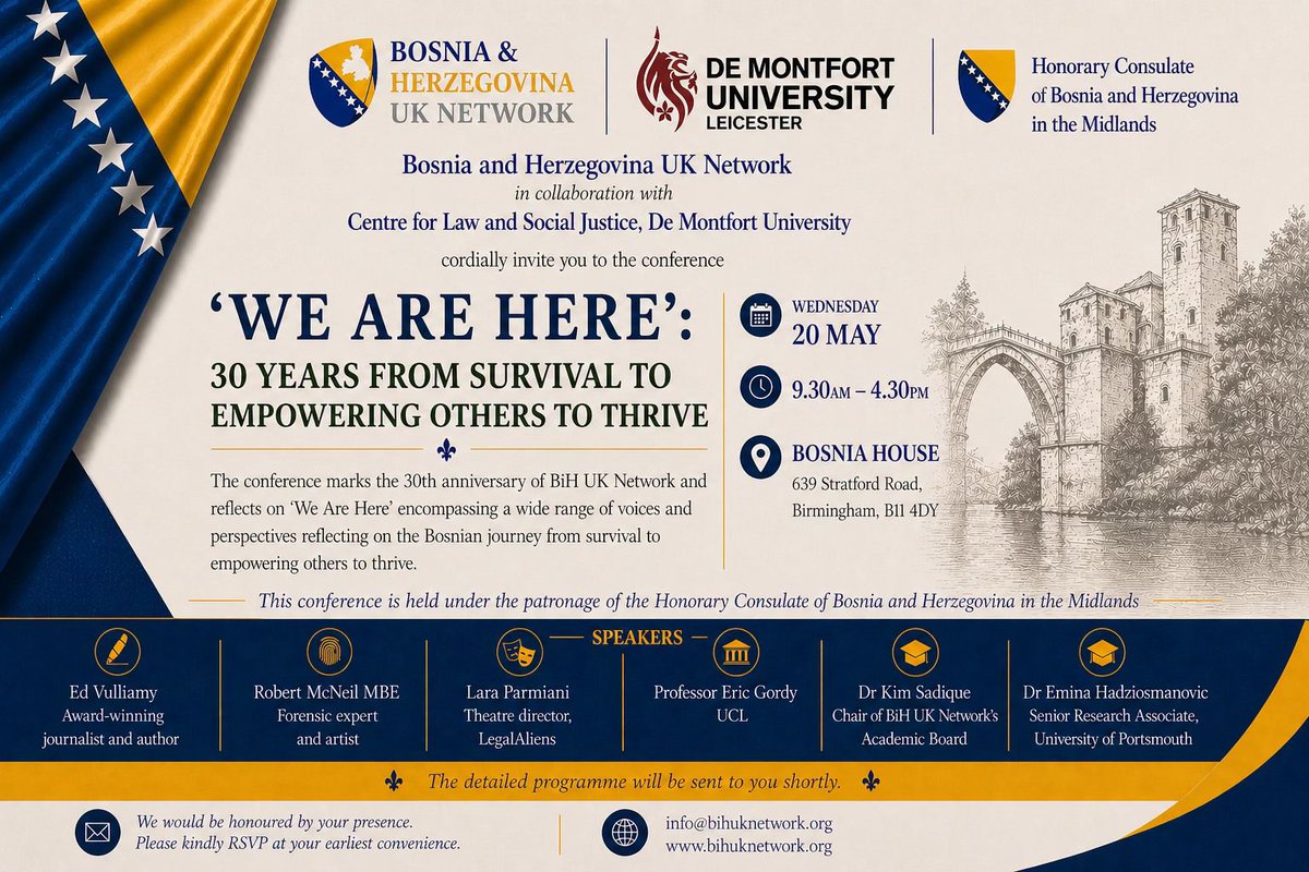 SrebrenicaUK's tweet photo. We're looking forward to @bhuknetwork 's conference, which shares our theme for 2026: We Are Here. The conference is a week today at Bosnia House in Birmingham. https://t.co/0jOeEGG44m