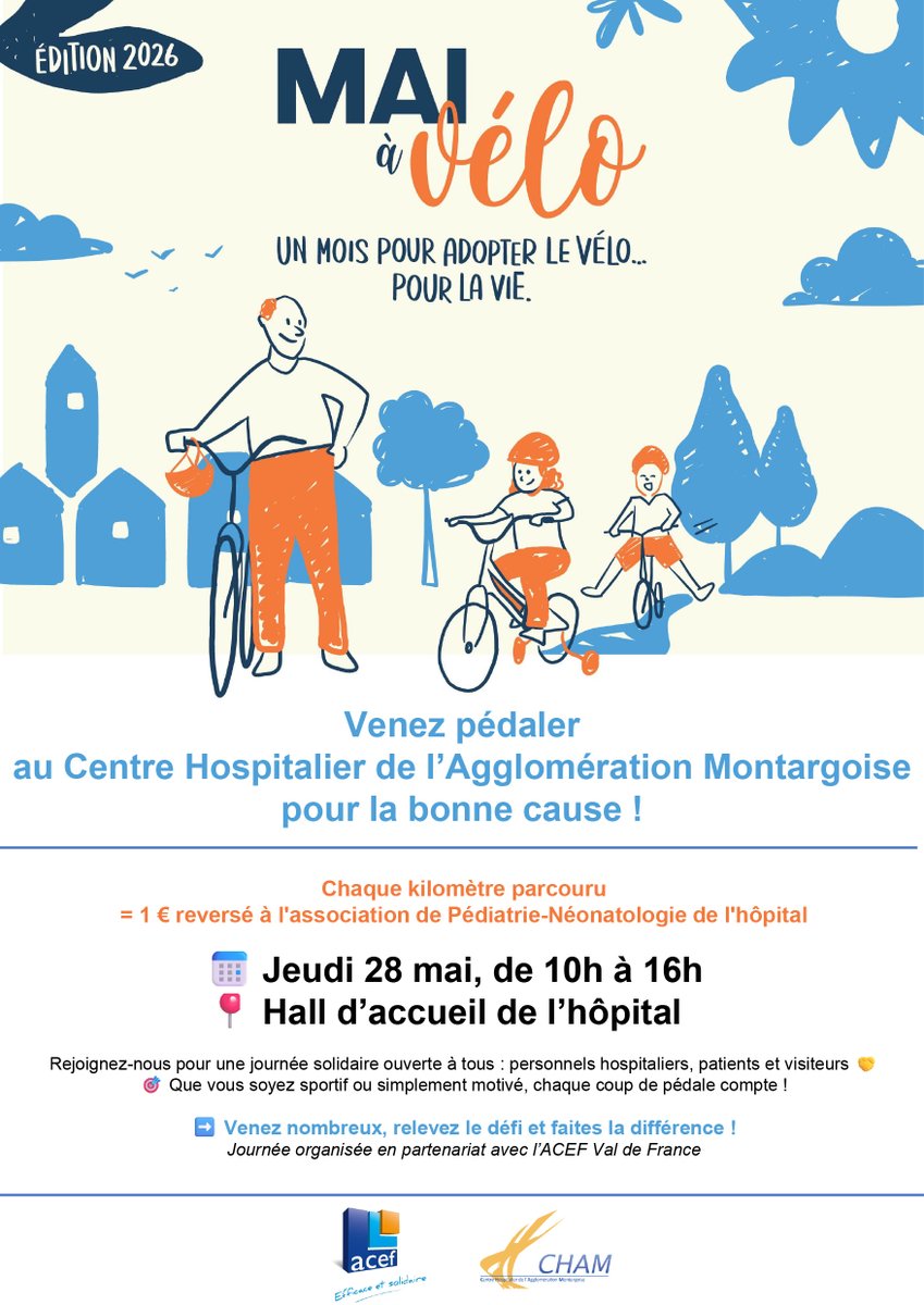 cham45200's tweet photo. 🚴‍♂️ Dans le cadre de mai à vélo, montez en selle et pédalez pour soutenir une belle cause ! 💙
📅 Jeudi 28 mai
🕙 De 10h à 16h
📍 Hall d’accueil du CHAM

💡 1 kilomètre parcouru = 1 € reversé
Les fonds collectés seront destinés à l'association de Pédiatrie-Néonatologie. https://t.co/YVTrMjeCOz