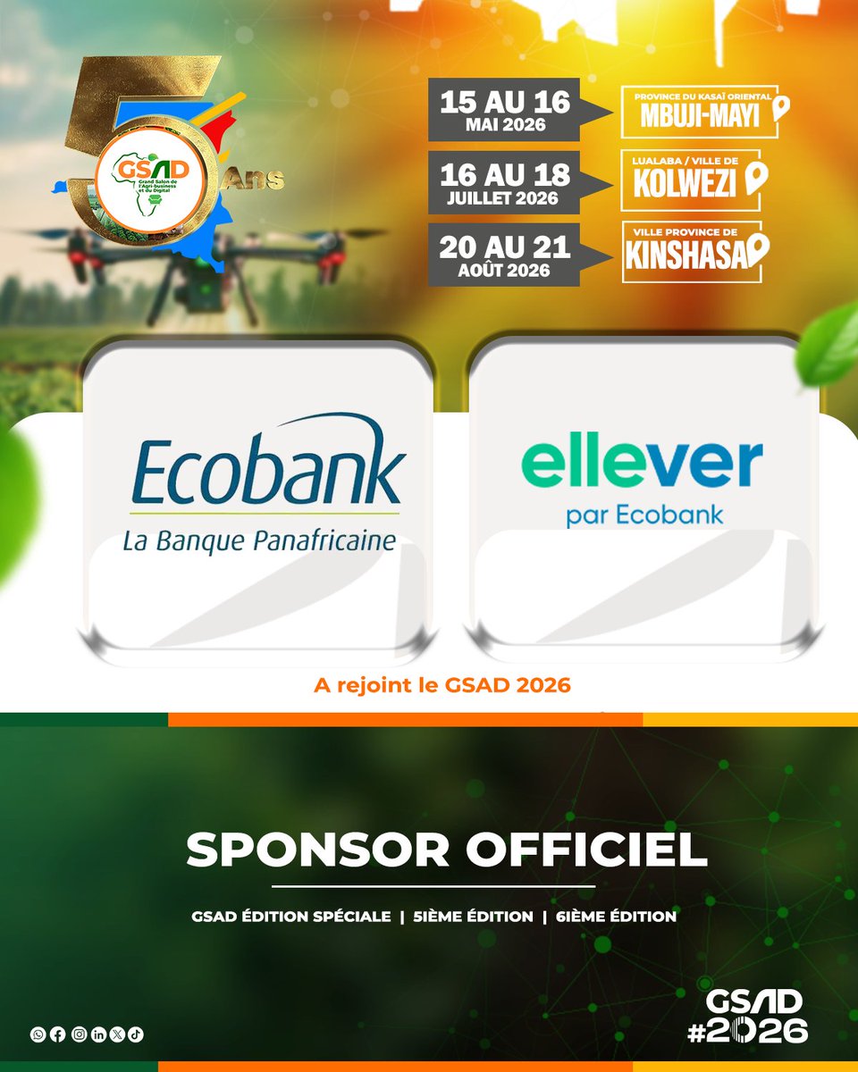 EcobankRDC's tweet photo. Ecobank s’engage aux côtés du GSAD 2026 en tant que Sponsor officiel pour les 3 prochaines éditions en RDC.
Nous soutenons l’innovation, le digital et l’essor de l’agri-business à :
➡️Mbuji-Mayi,
➡️Kolwezi,
➡️Kinshasa.
#EcobankRDC #GSAD2026 #AgriBusiness #Innovation #RDC https://t.co/9kiyYOFpp2