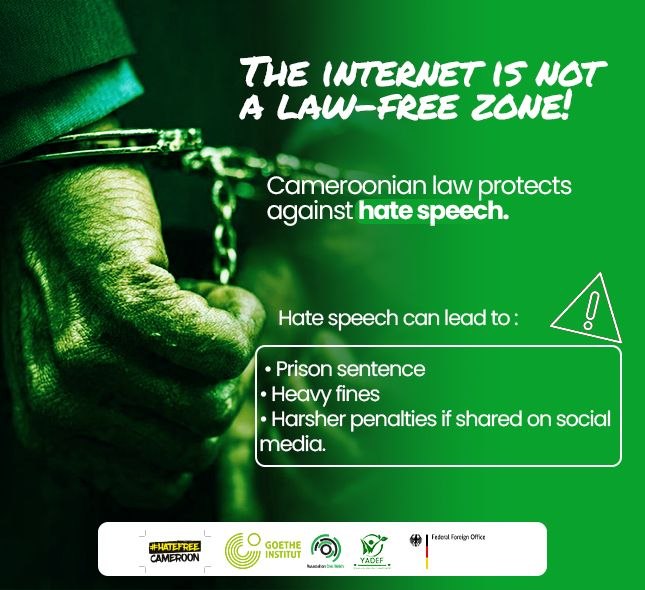 civic_watch's tweet photo. The internet is NOT a law-free zone

What you post has real-world consequences.
In Cameroon, sharing hate speech on social media can lead to imprisonment, heavy fines, &amp; serious penalties.

Freedom of expression comes with responsibility.

#ThinkB4UClick, respect digital rights. https://t.co/weOyY4RASl