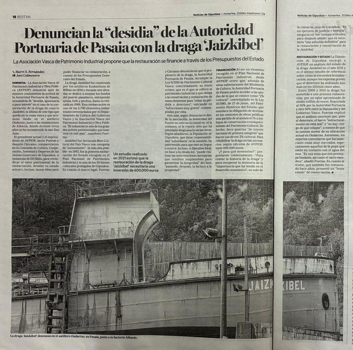 AVPIOP's tweet photo. El lunes, AVPIOP-IOHLEE compareció por invitación de la Comisión de Cultura de las Juntas Generales de Gipuzkoa, para manifestar la opinión de nuestra asociación acerca de la situación en la que se encuentra uno de los tesoros del patrimonio industrial vasco, la DRAGA JAIZKIBEL. https://t.co/7PMLjCPCZB