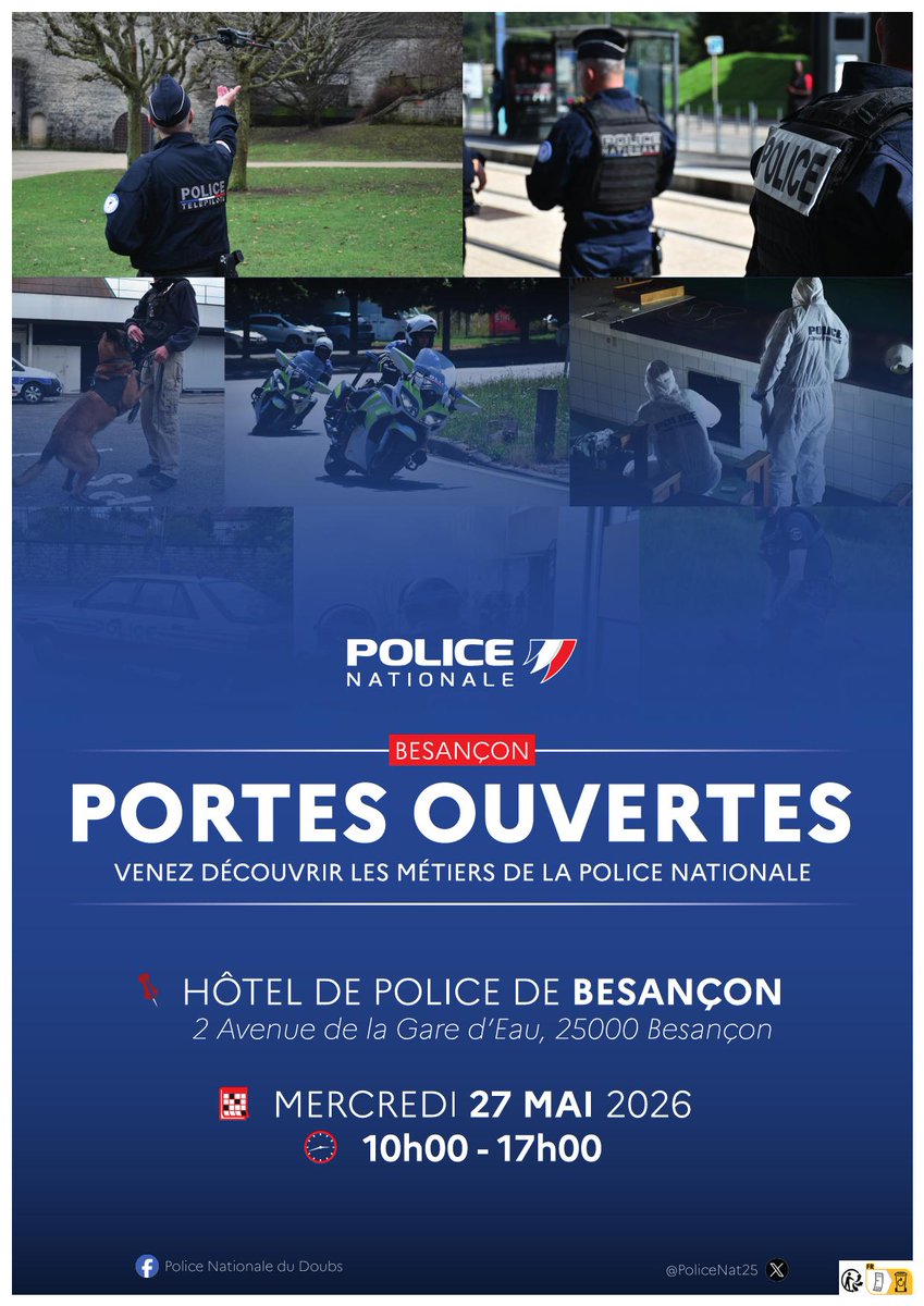 PoliceNat25's tweet photo. Réservez la date ! 🚔

Nous organisons pour la deuxième année consécutive nos portes ouvertes à l'Hôtel de police de Besançon. 

➡️ Mercredi 27 mai de 10h à 17h
➡️ Venez découvrir les métiers de la police au travers de démonstrations et d'ateliers ludiques ! 

Venez nombreux ! https://t.co/pCvhZZqTrM