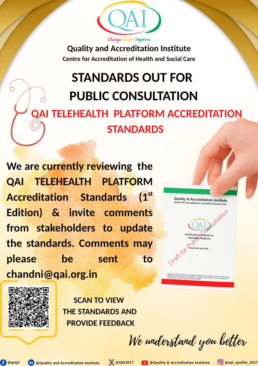 QAI2017's tweet photo. 📢 Standards Open for Public Consultation

Quality and Accreditation Institute (QAI) – CAHSC invites healthcare professionals, telehealth providers, industry experts, and stakeholders to review and share feedback on the draft: QAI Telehealth Platform Accreditation Standards https://t.co/zcKOpkzzwi