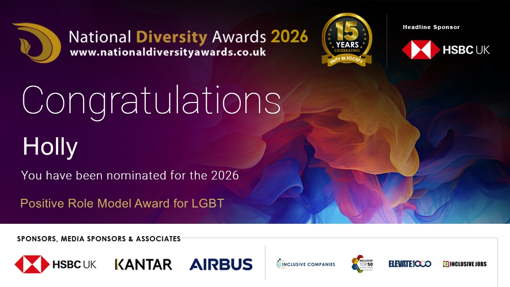 ndawards's tweet photo. Congratulations to Holly  @hollyx who has been nominated for the Positive Role Model Award for LGBT at The National Diversity Awards 2026 in association with @HSBC_UK. To vote please visit https://t.co/7icr3pzdIf #NDA26 #Nominate #VotingNowOpen https://t.co/tQz8VEt0Wx