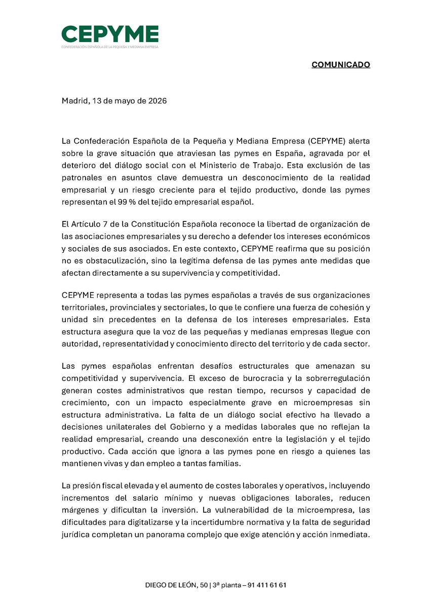 ConfeCan's tweet photo. 🔵 La Confederación Española de la Pequeña y Mediana Empresa (@cepyme_ ) alerta sobre la grave situación que atraviesan las pymes en España, agravada por el deterioro del diálogo social con el Ministerio de Trabajo.

𝗟𝗲𝗲𝗿 𝗰𝗼𝗺𝘂𝗻𝗶𝗰𝗮𝗱𝗼 🔽

https://t.co/krk7UF4Syy https://t.co/xwfgOALTCI