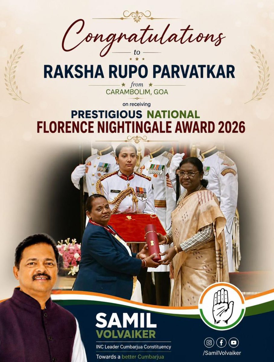 SamilValvoikar's tweet photo. Congratulations to Raksha Rupo Parvatkar from Carambolim, Goa on receiving the prestigious National Florence Nightingale Award 2026!
Your dedication and service to nursing and humanity are truly inspiring.
Proud moment for Goa!
#FlorenceNightingaleAward #GoaProud #Congratulations https://t.co/KipVnv9TIQ