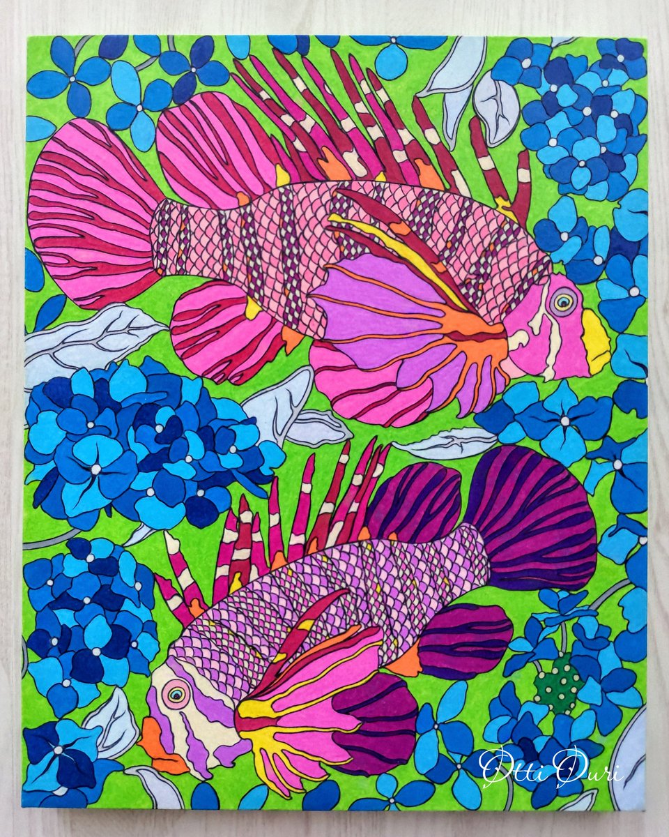 「花のようなカサゴ、そして紫陽花。 新作(F3号)です。 A flower-lik」|suna_fukin(ᵔᴥᵔ)@Otti Ouri個展Ⅲ🐣4/24-30 銀座中央ギャラリー🌺のイラスト