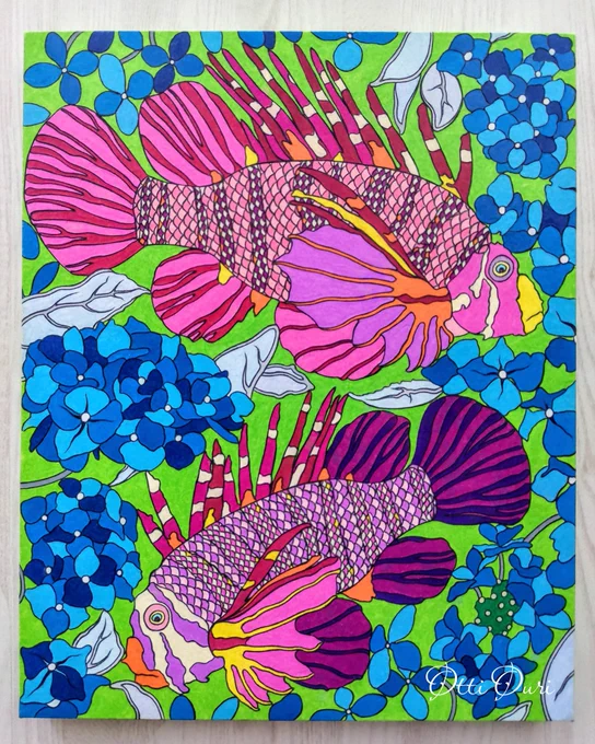 花のようなカサゴ、そして紫陽花。 新作(F3号)です。 A flower-like scorpionfish,and hydrangea This is Otti's new work (F3) #ottiouri #colordpencil #色鉛筆 #デザートカラー #カリスマカラー