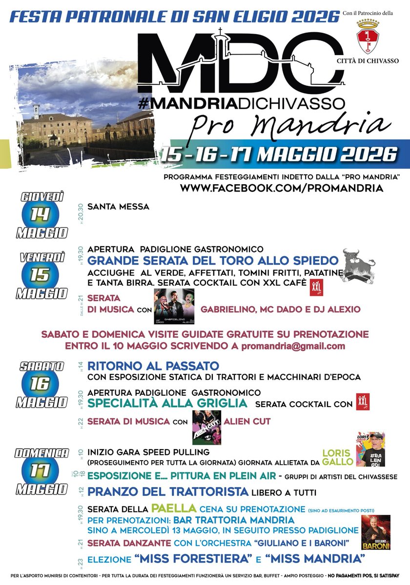 comunechivasso's tweet photo. Festa Patronale di San Eligio 2026 – Mandria di Chivasso 

Dal 15 al 17 maggio, Mandria si accende di musica, tradizione e sapori con la Festa Patronale di San Eligio, organizzata da Pro Mandria con il patrocinio della Città di Chivasso. https://t.co/nGDluKrJWJ