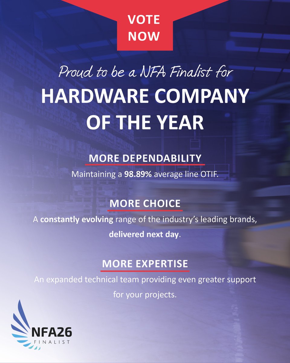 WindowWare's tweet photo. #WindowWare is a @NatFenAwards Finalist! 🏆 We’re up for Hardware Company of the Year. Since Dec, we’ve delivered MORE:
🔹Dependability (98.89% OTIF)
🔹Choice
🔹Expertise
 Your vote tells us we’re hitting the mark. Vote for us on the #NFA26 website #Fenestration #GlazingIndustry https://t.co/OpIPvskfJY