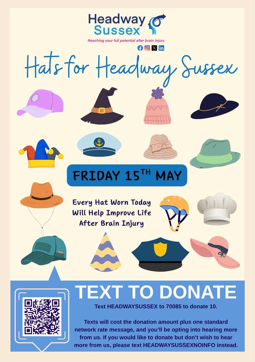 HeadwaySussex's tweet photo. 🎩 It’s Hats for Headway Sussex this Friday! 💙

🎩 Wear a hat this Friday
💙 Make a donation
📸 Share your photos and tag Headway Sussex
💻 https://t.co/Y17wIlUCFA
📱 Text HEADWAYSUSSEX to 70085 to donate £10 https://t.co/bs5pESCcy6