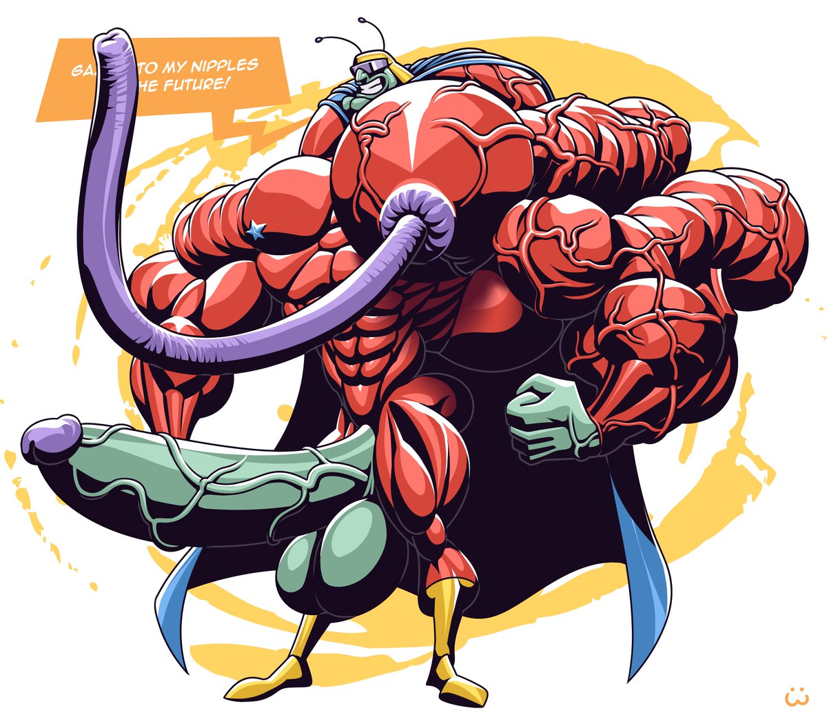 wolfie_canem's tweet photo. So there was this 90s cartoon called Rocko's Modern Life on Nickelodeon, and there's this really buff superhero character in it called Really Really Big Man with nipple powers. 

art from 2018 https://t.co/KPYBS3gO1R