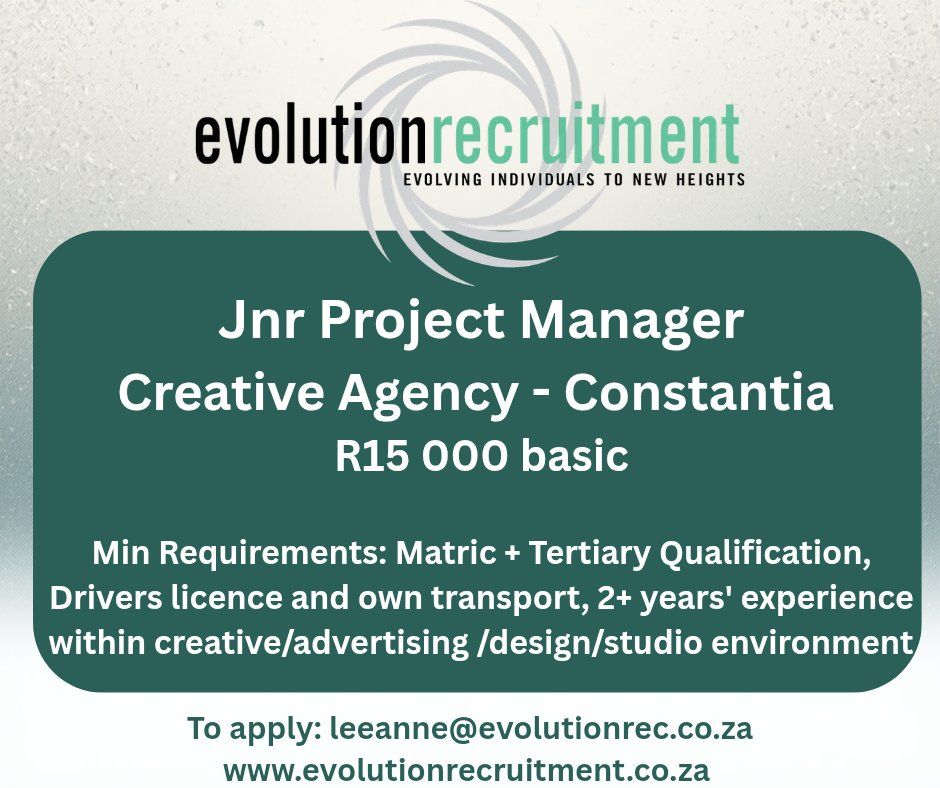 RecruitEvolve's tweet photo. Jnr Project Manager, Creative Agency - Constantia.  R15 000 basic

Min Req:  Matric + Tertiary Qualification, Drivers licence &amp; own transport, 2+ yrs exp in a creative/advertising/ design environment.

Full job spec:  https://t.co/yyBPFWtTdZ

#recruitmentagency #marketingjobs https://t.co/vCYbVysaAv