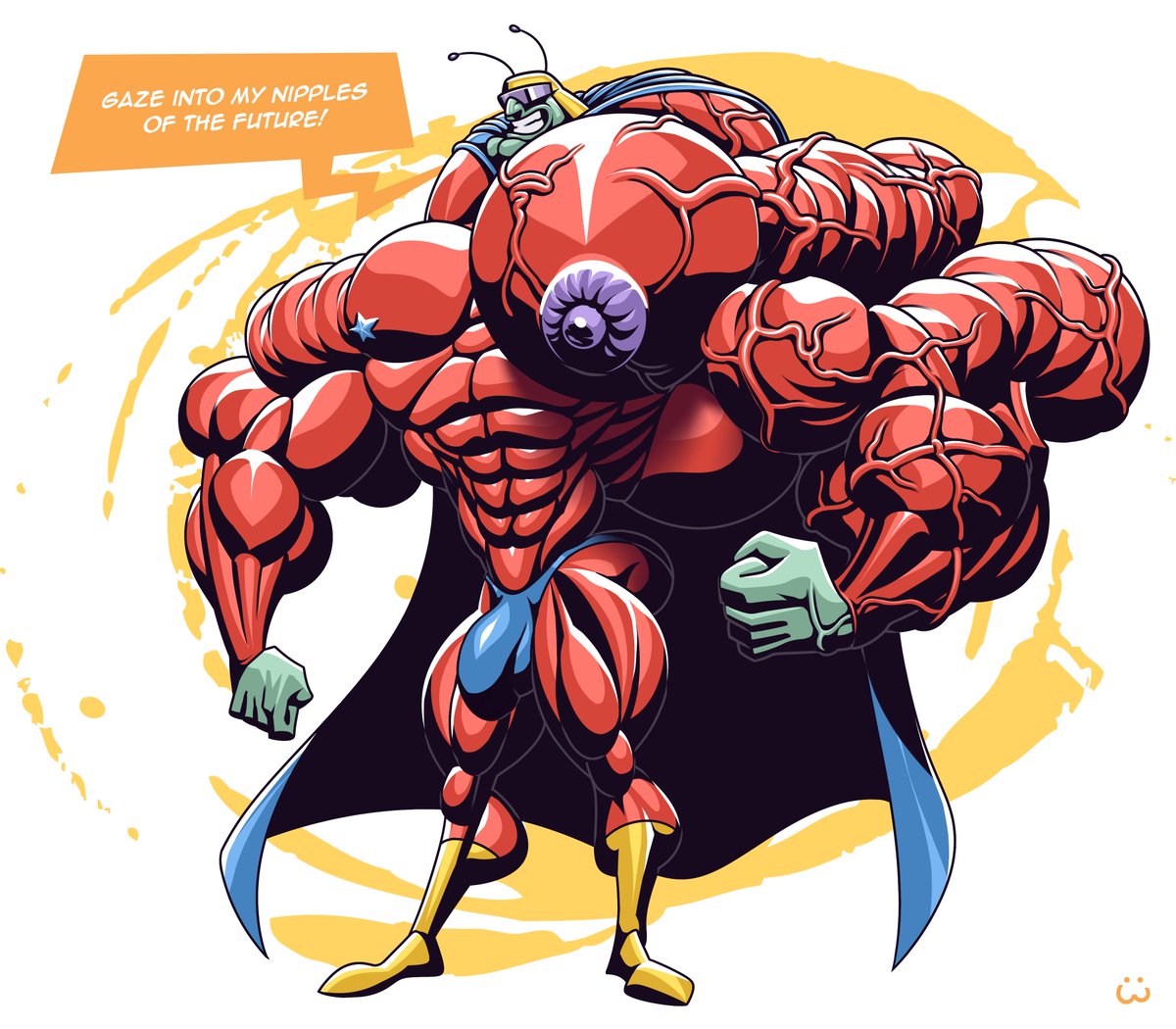 wolfie_canem's tweet photo. So there was this 90s cartoon called Rocko's Modern Life on Nickelodeon, and there's this really buff superhero character in it called Really Really Big Man with nipple powers. 

art from 2018 https://t.co/KPYBS3gO1R