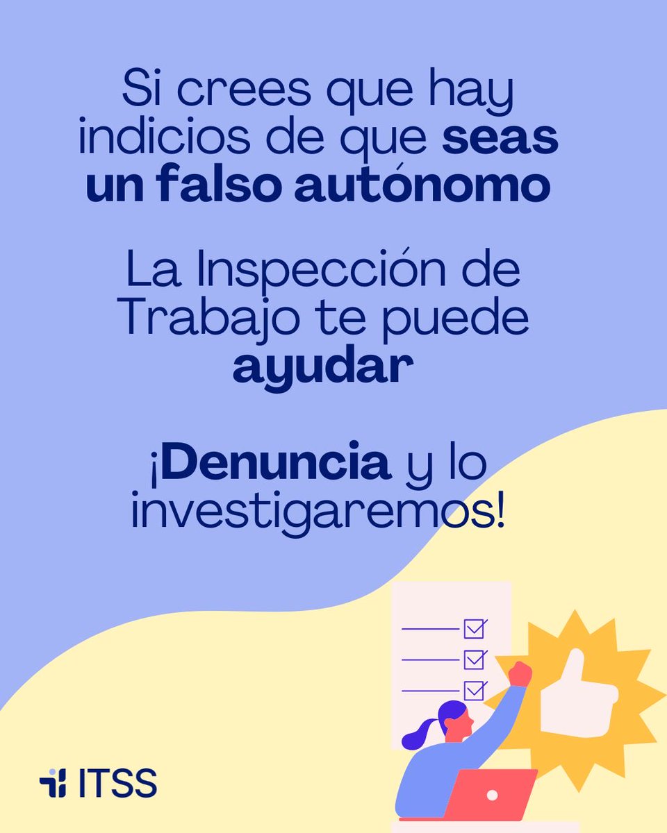 ITSS_INSPECCION's tweet photo. 👀 La figura del falso autónomo deja a muchas personas sin derechos laborales y sin la protección que les corresponde.

💪🏼 Por eso, la Inspección de Trabajo juega un papel esencial para combatir el fraude laboral y garantizar la protección de todas las personas trabajadoras. https://t.co/WjoSk4RHRM