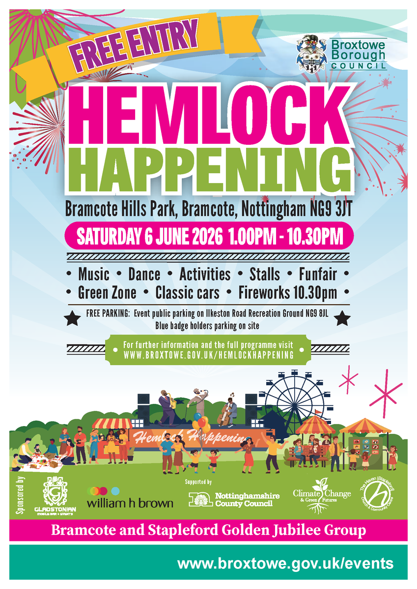 broxtowebc's tweet photo. The countdown to Hemlock Happening is on!

📅 Saturday 6 June
🕐 1:00pm – 10:30pm
📍 Bramcote Hills Park

Come and join us for a day jam-packed with fun for all the family. Find out more: https://t.co/1lcOFJUksv

With thanks to our sponsors Gladstonian Mobile Bar and Events. https://t.co/ZLddMsnyN3