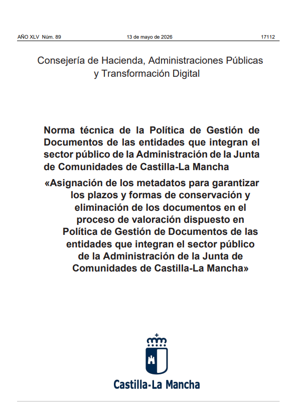 archivosclm's tweet photo. Hoy se publica la Norma Técnica para la asignación de los metadatos para garantizar los plazos y formas de conservación y eliminación de los documentos en el proceso de valoración dispuesto en la política de  gestión de documentos de las entidades de la Administración de la #JCCM https://t.co/fFHHKx6IcX