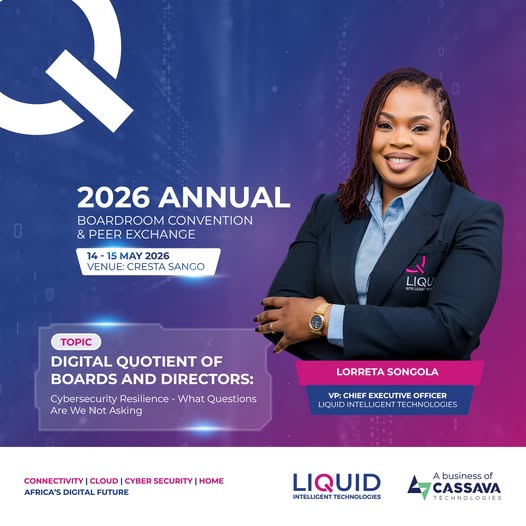 LiquidInTechZW's tweet photo. Raising the right questions in the boardroom.

At #BoardroomConvention2026, Lorreta Songola (CEO, Liquid) explores the Digital Quotient of Boards and what organisations are not asking about cybersecurity resilience.

📍 Cresta Sango | 🗓 14–15 May 2026 https://t.co/KL17X0YLcC