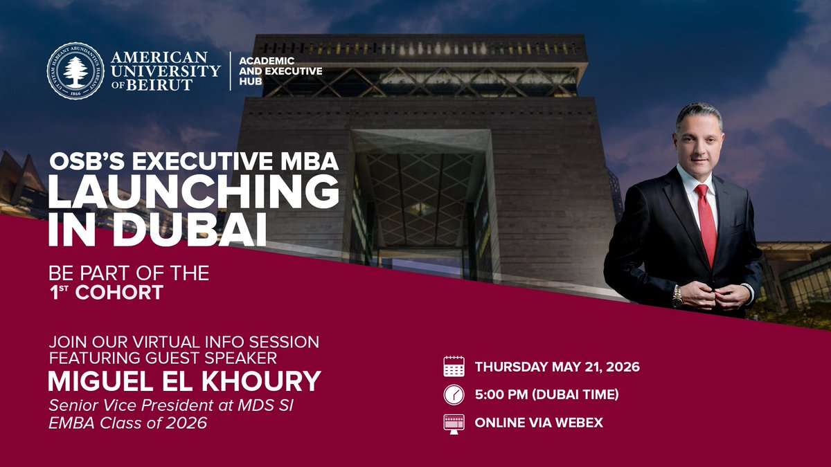 AUBOSB's tweet photo. Leadership today demands more than experience. It requires strategic vision, global perspective, and the ability to lead through complexity.

Join OSB’s Executive MBA virtual info session to explore the EMBA launching at the AUB Academic and Executive Education Hub in Dubai-DIFC.

Register now 🔗 https://t.co/y6ruH5DFnm

#AUB #OSB #EMBA #ExecutiveMBA #Dubai