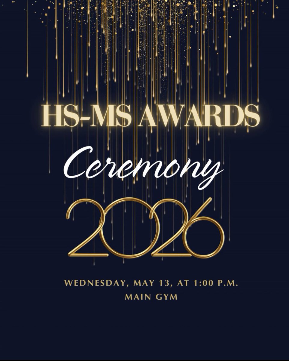 DavidCarriger's tweet photo. Wednesday, May 13
Elementary School Awards: 9:00 a.m. (Main Gym at HS - Parents/Families Welcome.
MS-HS Awards Program: 1:00 p.m. (Main Gym at HS - Parents/Families Welcome.  

**Please enter the east gate and park in the east parking lot.  Enter the Student Center lobby doors. https://t.co/ZG7QnJJweO