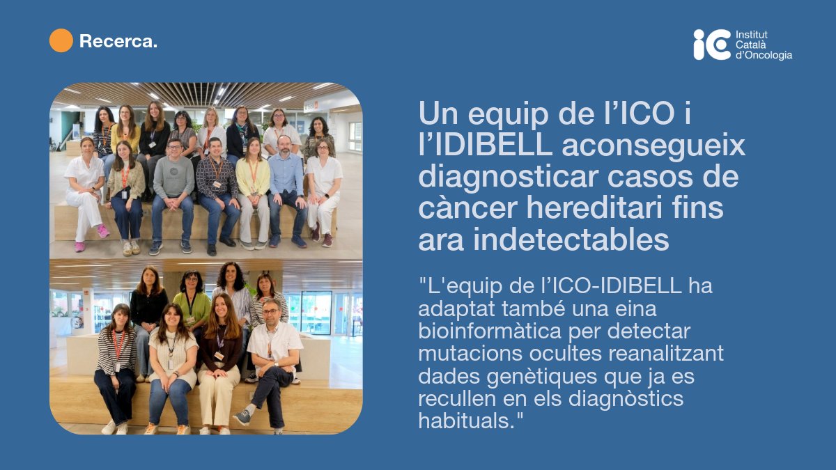 ICO_oncologia's tweet photo. Un equip de l’@ICO_oncologia i l’@idibell_cat aconsegueix diagnosticar casos de #càncer #hereditari fins ara indetectables.
Dos estudis han permès identificar mutacions que fins ara havien passat desapercebudes en el diagnòstic genètic de rutina
https://t.co/NugzUgd4Pq
@salutcat https://t.co/o9qXecNS2m